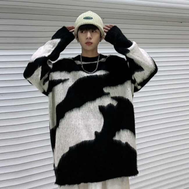 Harajuku Sweater | Goth Black White Block Jacquard Streetwear | Tie dye Casual Pullover High Street Top 4