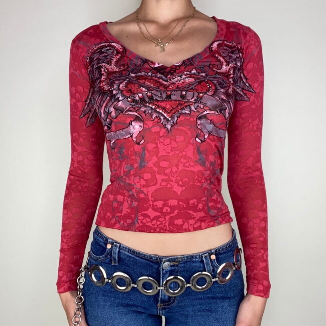 Y2K Fairycore Tshirt Angel Wings Heart Graphic | Long Sleeve Slim Crop Top Women | Vintage Kawaii Red Tees 4