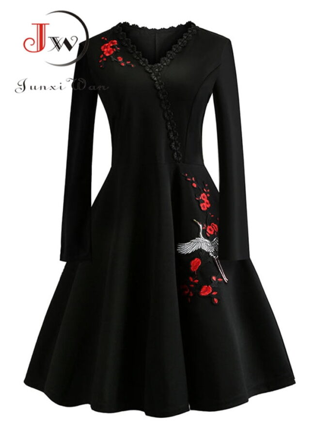Goth Harajuku Dress | Embroidery Vintage Black Elegant Bodycon Party Dresses | Long Sleeve Casual Vestidos 1