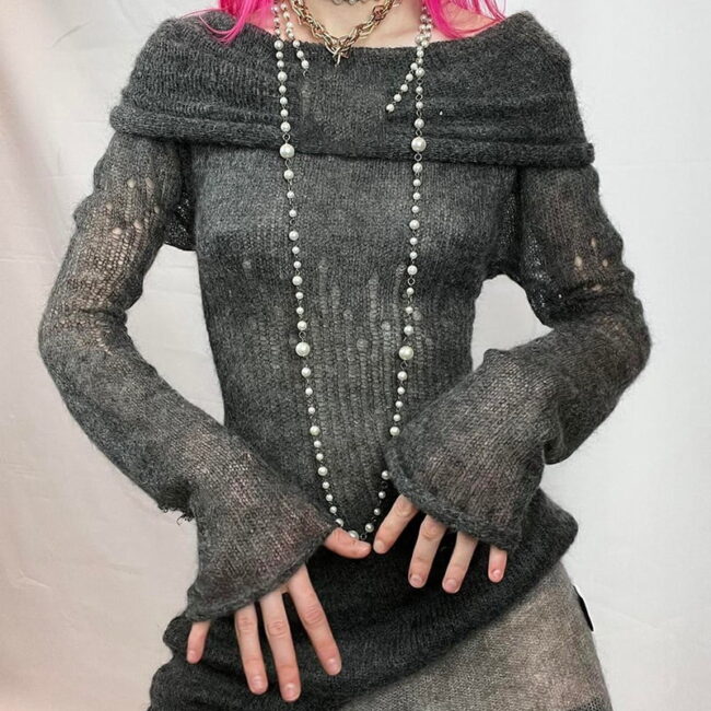 Goth Black Slash Neck Dress | Full Sleeve Knitted See-through | Y2K Punk E Girl Grunge Clothing 1