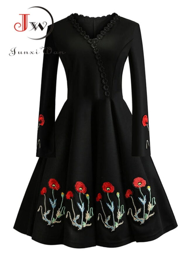 Goth Harajuku Dress | Embroidery Vintage Black Elegant Bodycon Party Dresses | Long Sleeve Casual Vestidos 2