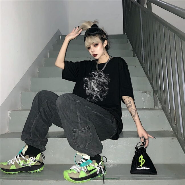 Goth Tshirt Dragon Print | Gothic Punk Clothes | Y2K Short Sleeve Tee 2