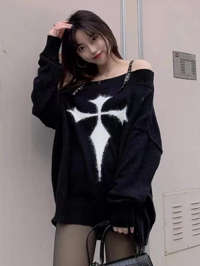 Gothic Harajuku Punk Sweater | Pullovers Y2k Goth Dark Grunge Off Shoulder Knitted Tops | Long Sleeve Egirl Clothes 6