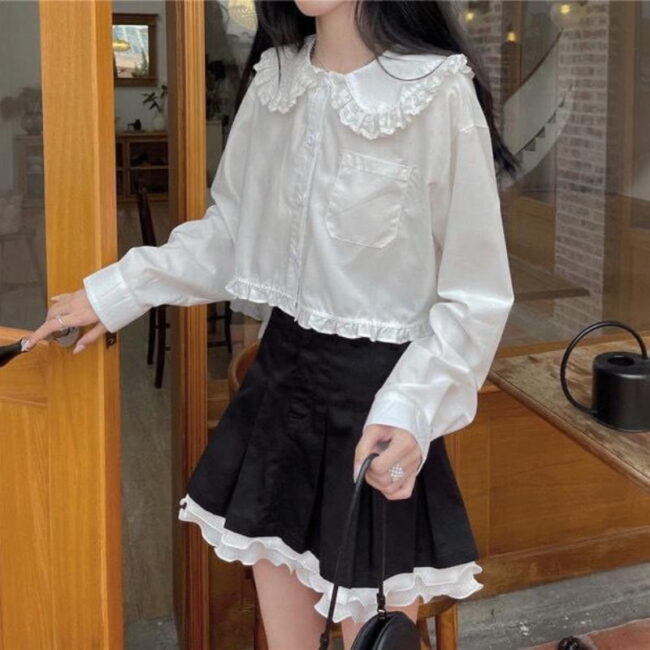 Kawaii White Shirt Women | Ruffle Lace Patchwork | Lolita Blouse Sweet Preppy Style | Tops Blue Peter Pan Collar Long Sleeve 3