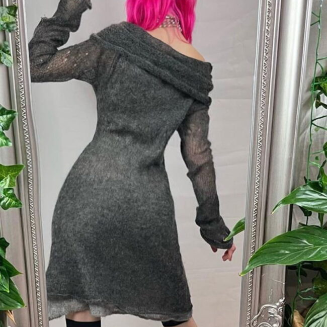 Goth Black Slash Neck Dress | Full Sleeve Knitted See-through | Y2K Punk E Girl Grunge Clothing 5