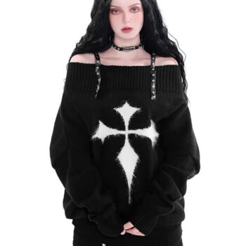 Gothic Harajuku Punk Sweater | Pullovers Y2k Goth Dark Grunge Off Shoulder Knitted Tops | Long Sleeve Egirl Clothes 2