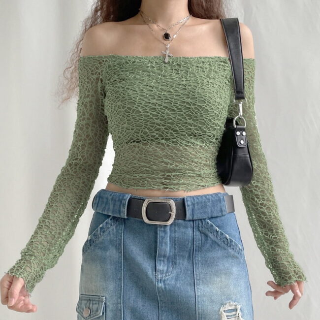 E girl Shirt | Off Shoulder Crop Top | y2k Aesthetic | Fairy Grunge T-shirt Clothes Streetwear 4