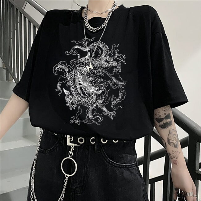 Goth Tshirt Dragon Print | Gothic Punk Clothes | Y2K Short Sleeve Tee 1