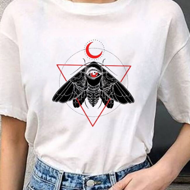 Gothic Rose Moth Moon Tshirt | O-neck Short-sleeved | Print Pattern Vintage Punk Clothes | Dark Mujer Top 2