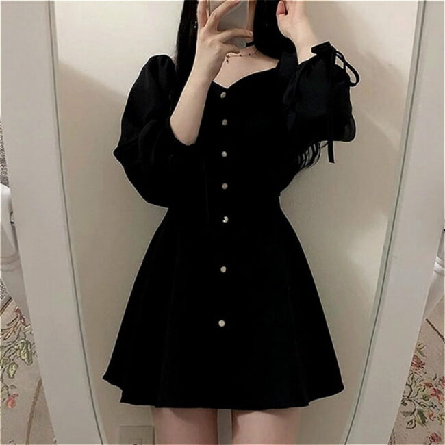 Goth Dress | Vintage Solid Daily Empire | Elegant Gothic Black Fashion | Long Sleeve Harajuku Streetwear 4