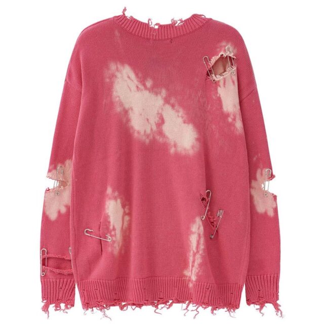 Pink Hip Hop Vintage Sweaters | Knitting Y2K Streetwear | Pin Hole Smock Unisex | Black Harajuku Broken Jumper Pullovers 2