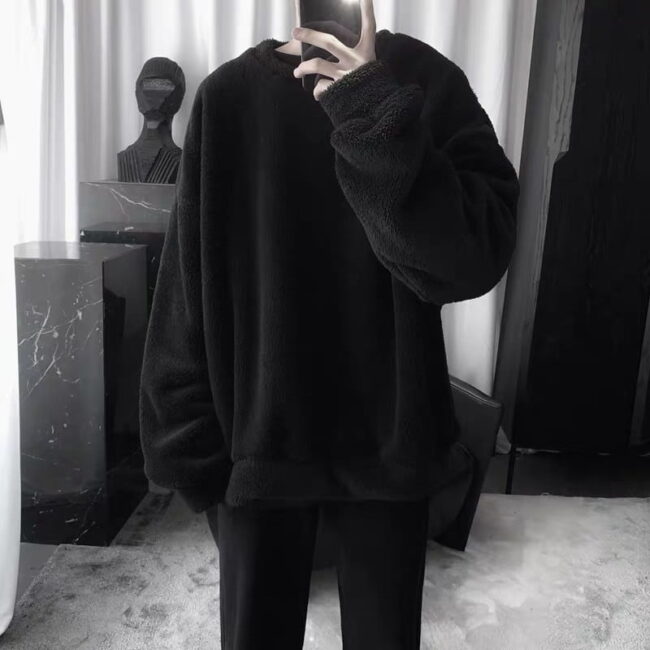 Oversize Sweatshirt Black White Color | Lamb Hair O-Neck Long Sleeve | Loose Hoodies Streetwear Harajuku 4