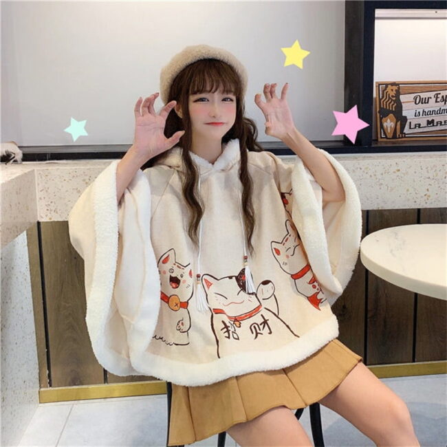 Cat Ears Shawl Cloak | Egirl Harajuku Cute Sweet Clothes | Lolita Female Japanese Anime Soft Warm Hoodie 5