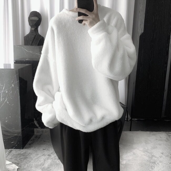 Oversize Sweatshirt Black White Color | Lamb Hair O-Neck Long Sleeve | Loose Hoodies Streetwear Harajuku 2
