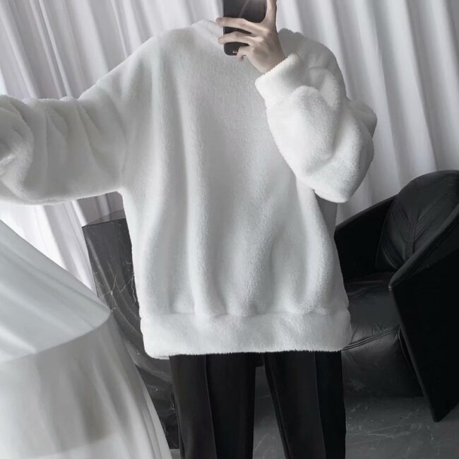 Oversize Sweatshirt Black White Color | Lamb Hair O-Neck Long Sleeve | Loose Hoodies Streetwear Harajuku 3
