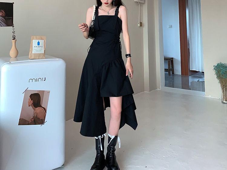 QWEEK Harajuku Black Slip Dress Korean Style 2021 Streetwear Women Summer Sundress Goth Gothic Punk Midi Dress Bandage Party