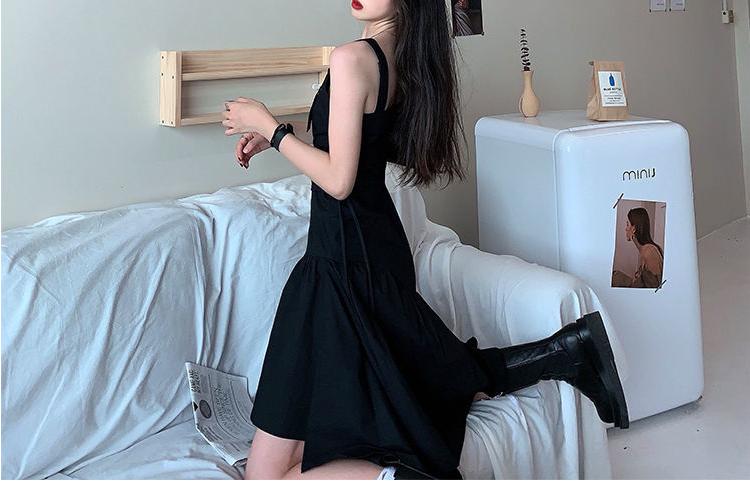 QWEEK Harajuku Black Slip Dress Korean Style 2021 Streetwear Women Summer Sundress Goth Gothic Punk Midi Dress Bandage Party
