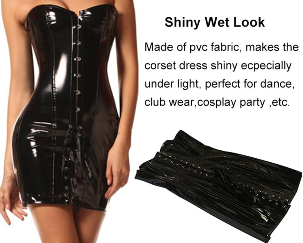 Lace Up Faux Leather Corset Dress Wetlook PVC Steampunk Gothic Strapless Bustier Dress Vintage Club Halloween Party Corselet