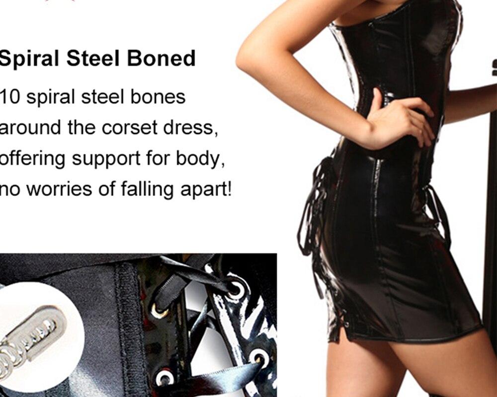 Lace Up Faux Leather Corset Dress Wetlook PVC Steampunk Gothic Strapless Bustier Dress Vintage Club Halloween Party Corselet